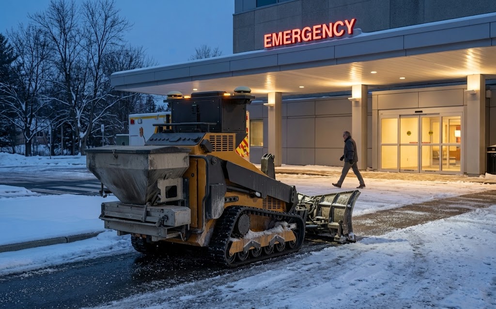 An SMUR X1 with a front plow blade and a rear spreader hopper clearing snow at a hospital emergency entrance at dusk, with a person walking across the pavement it has already cleared.