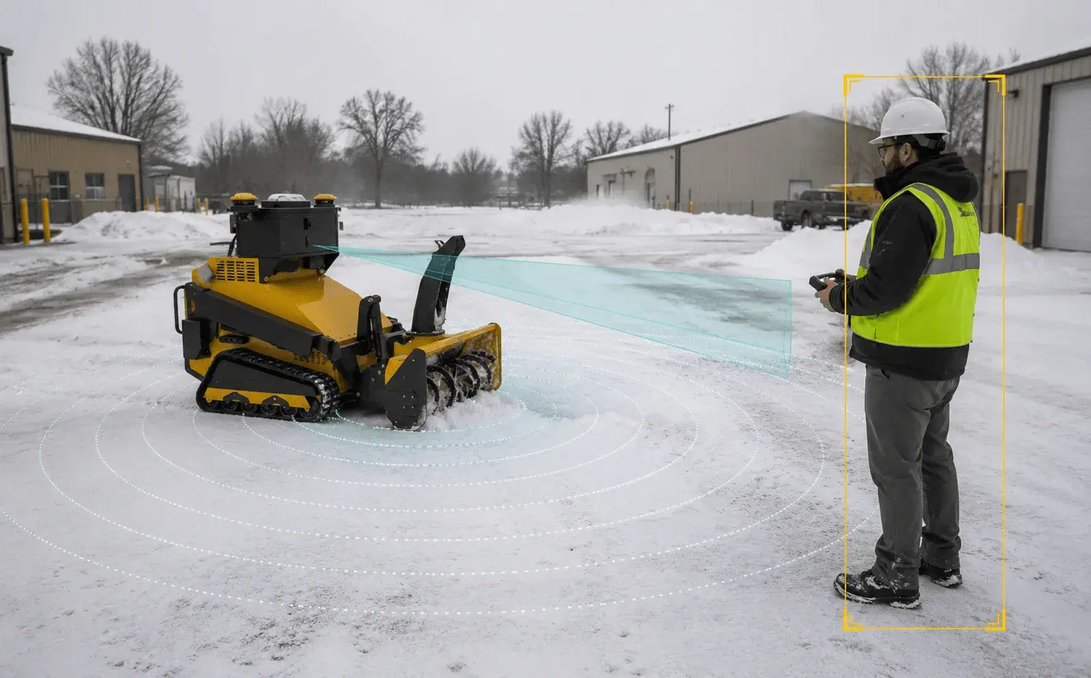 A SMUR X1 clearing snow beside a worker in a hi-vis vest and hard hat, with its safety zone projected on the ground.
