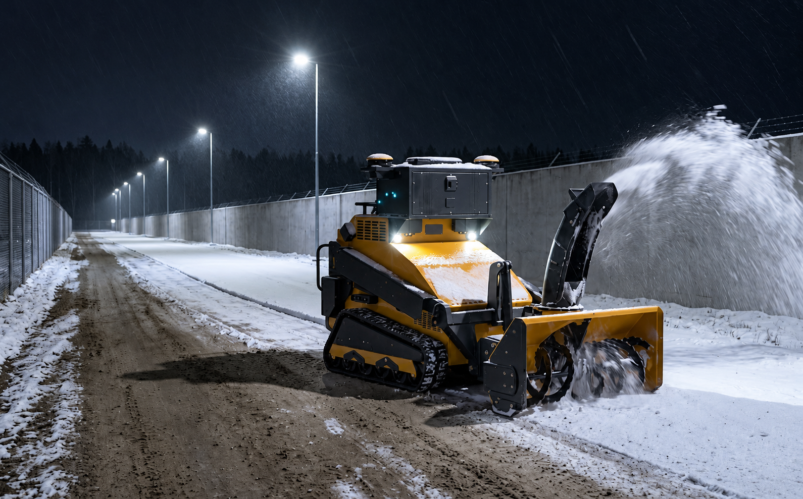The SMUR X1 clearing a lit perimeter road at night in falling snow, throwing it clear of the running surface with the blower attachment.